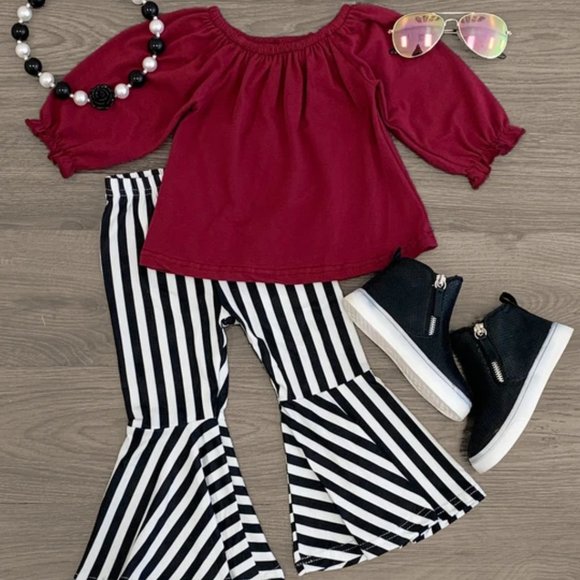 Sparkle In Pink Other - Burgundy & Stripe Bell Bottom Set